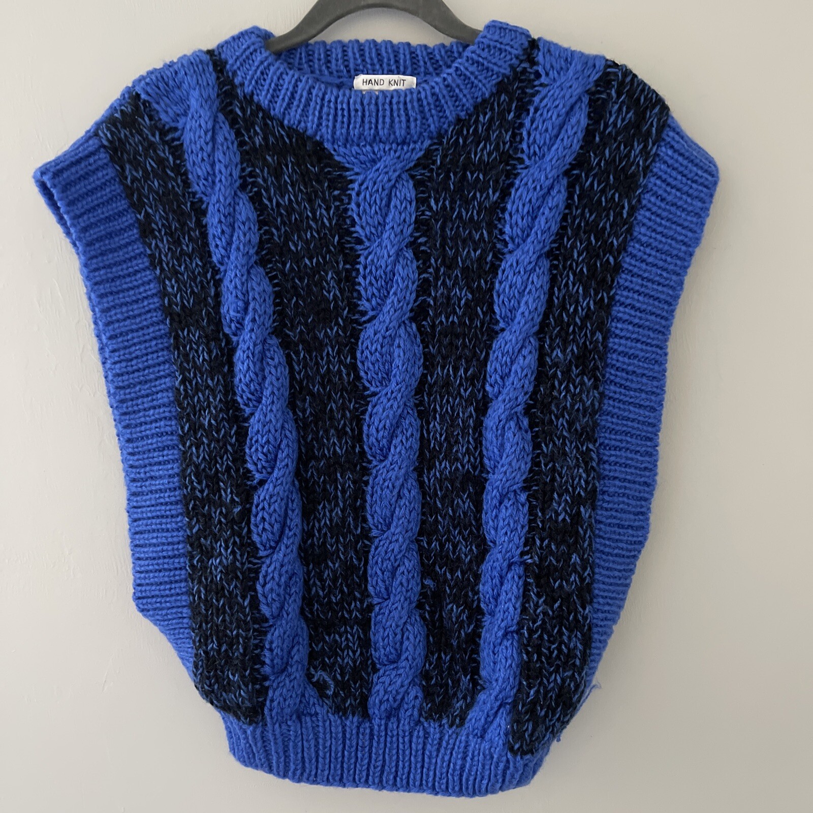 Vintage Cherry Stix Hand Knit Sweater Vest Winter Blue & Black Size S Small