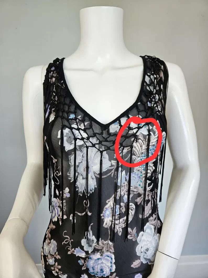 Temptations 1990 Black Rayon Gauze Floral Bias Cut Dress XL Piano Shawl Fringe