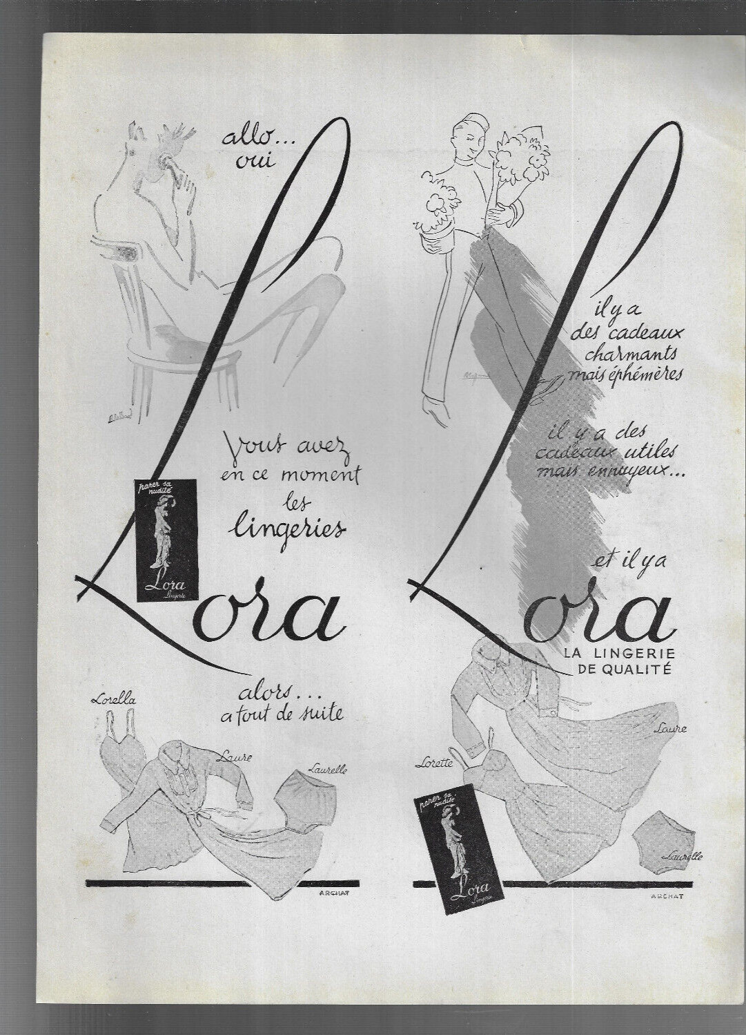 VINTAGE ADVERTISING bw LORA LORA LINGERIE 1930s clr RHUM ROCROY French Magazine