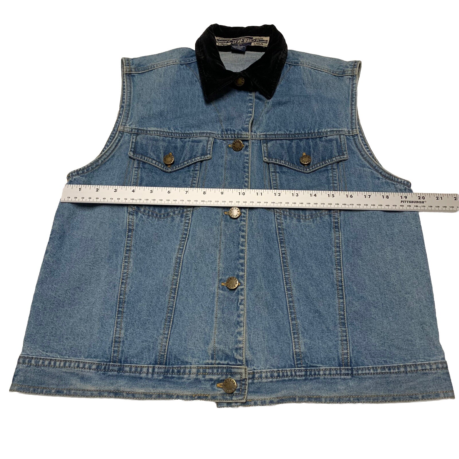 VTG 90s Generra Jean Vest Women’s Size M 100% Cotton Denim Black Velvet Collar
