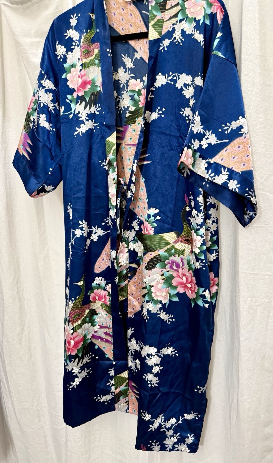 VTG 90s Silk Peacock Kimono Robe Blue Floral Statement Boho Lagenlook Luxe