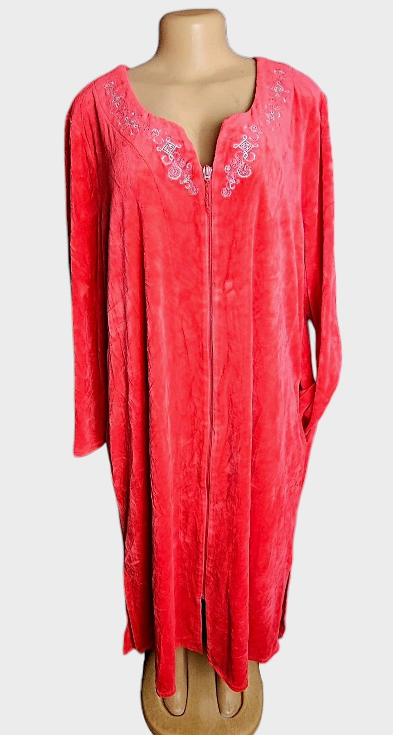 Vtg Red Velour Zip-front Lounger Robe Pink K Women 2XL Retro Grannycore Cozycore