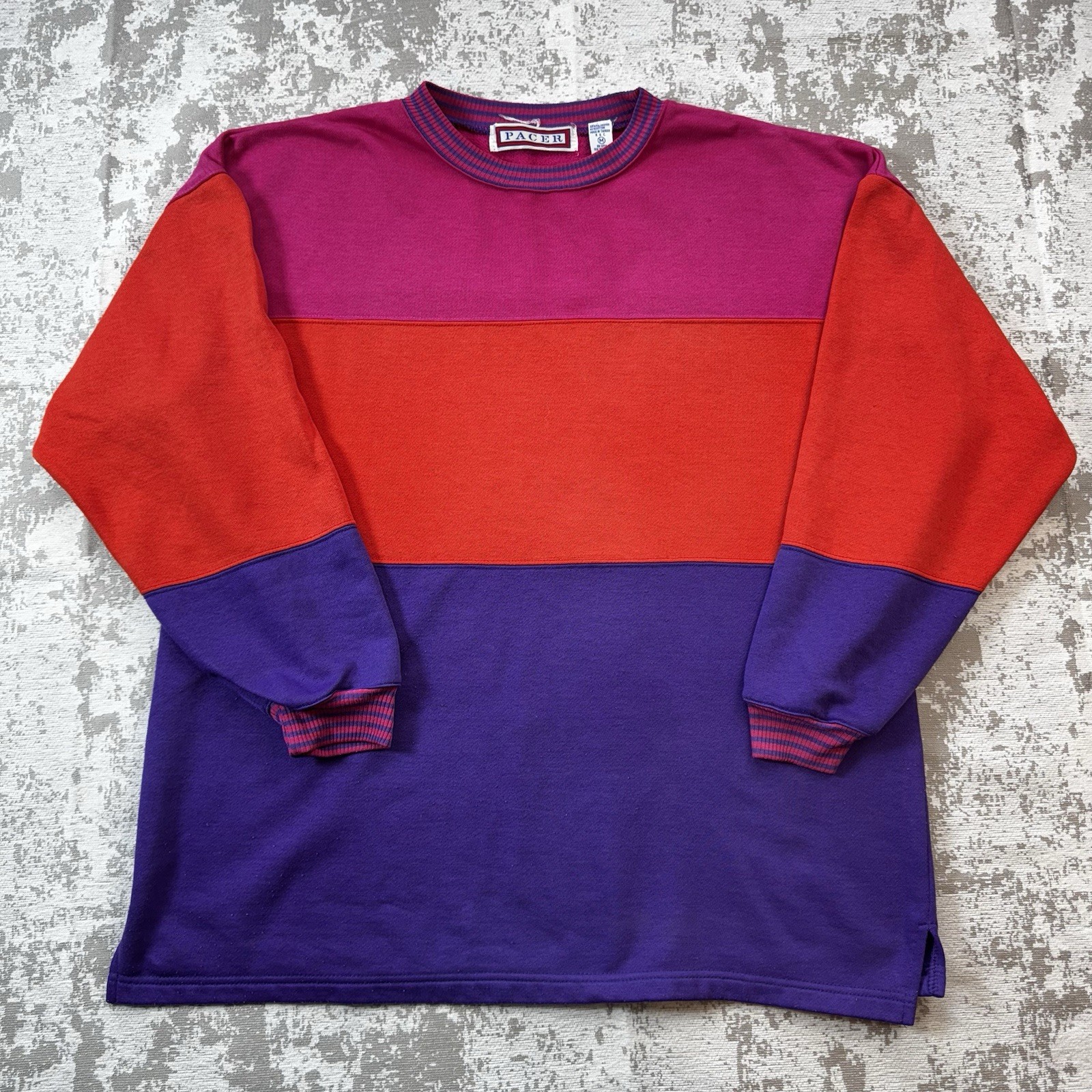 Vintage 90s Color Block Sweatshirt Pullover size Medium Pink Red Purple