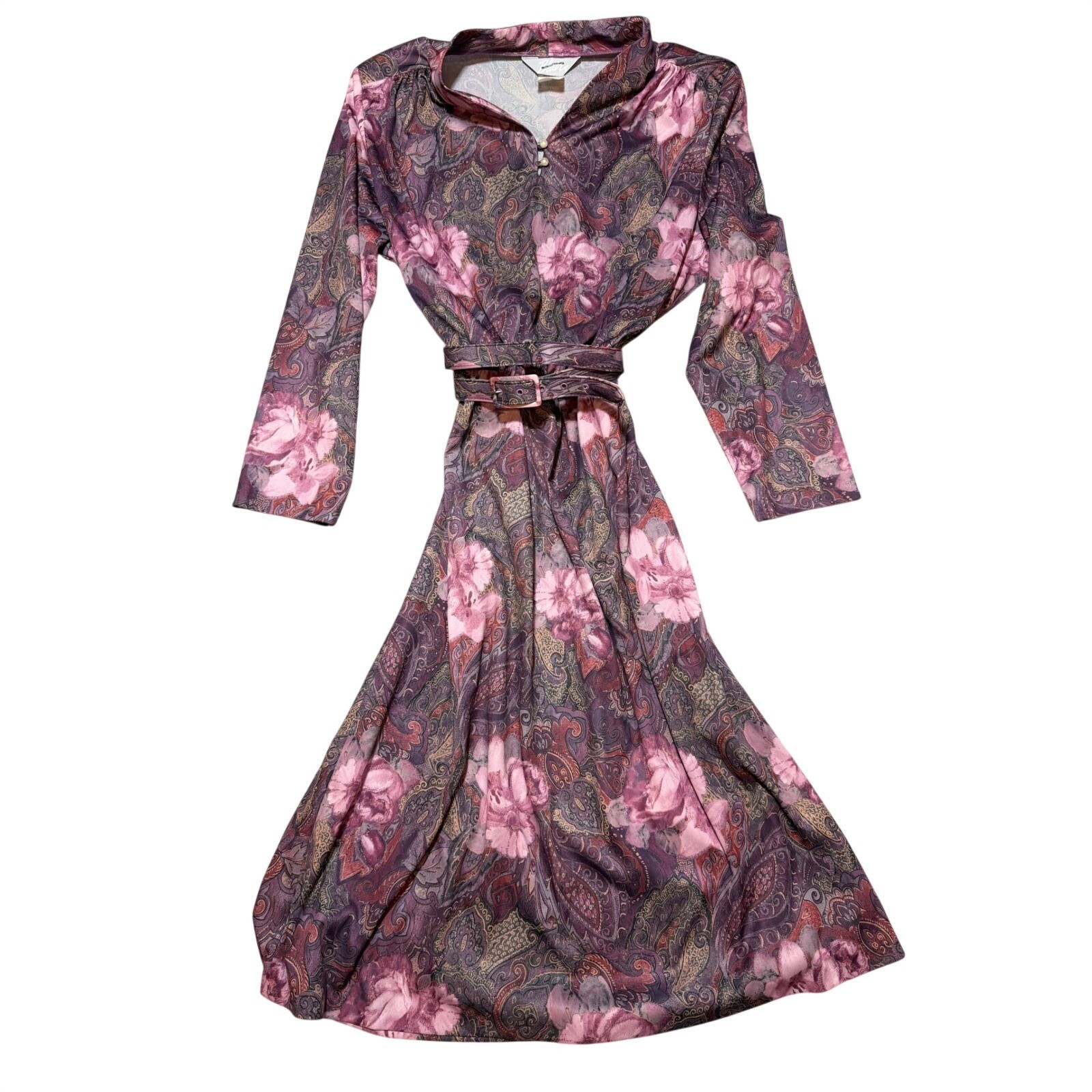 Vintage Blair Mauve Paisley Floral Midi Dress Pearl Button Belted 80 Made in USA