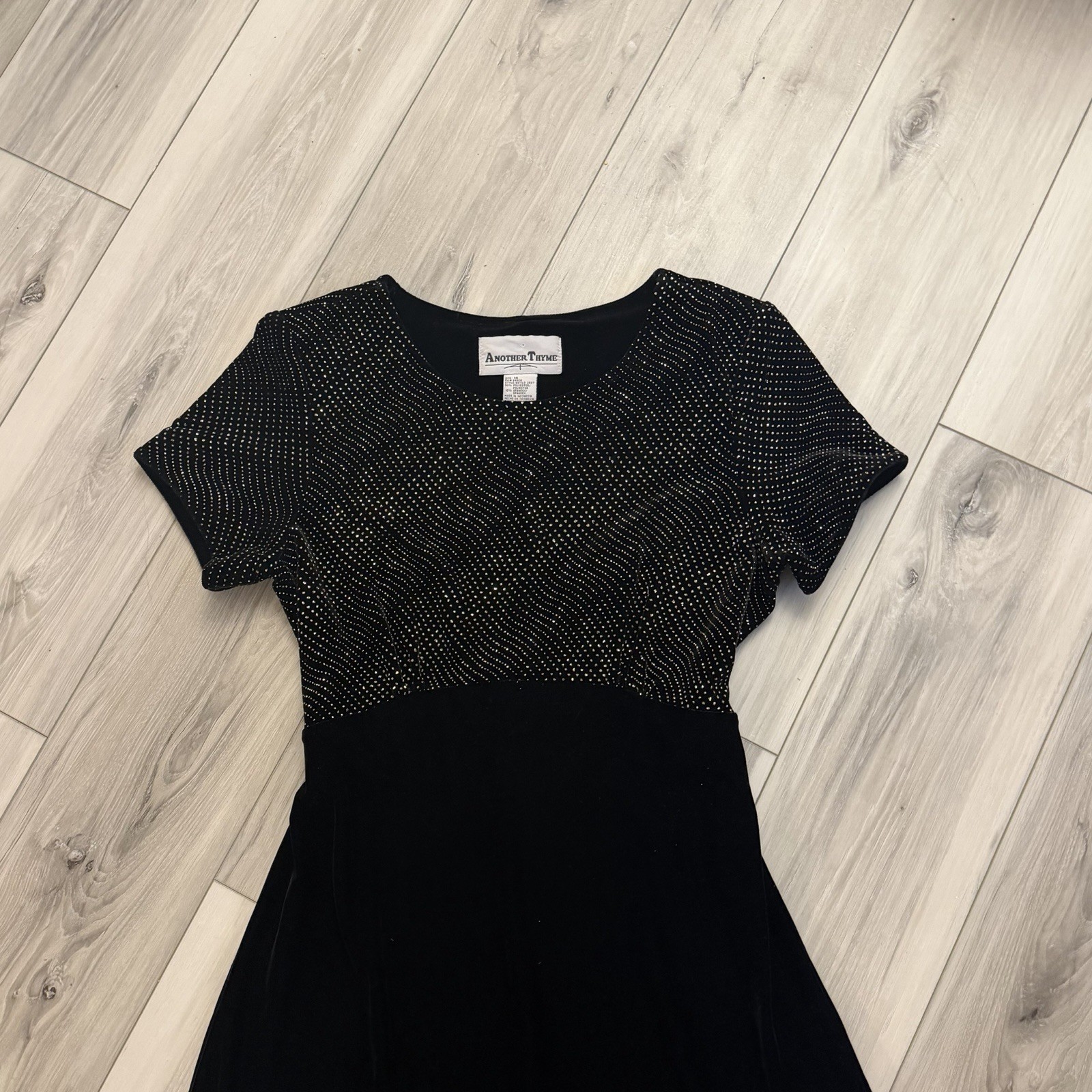 Vintage Another Thyme Black Velvet Maxi Dress Size 14 Gold Glitter Dots Tie Back