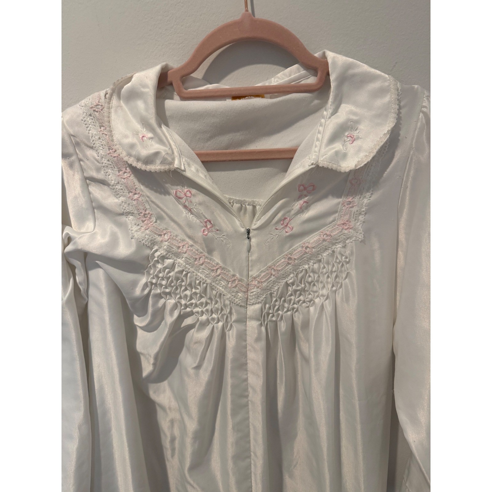 Vintage Barbizon White Satin Nightgown Pink Floral Smocked Cottagecore 70s 80s