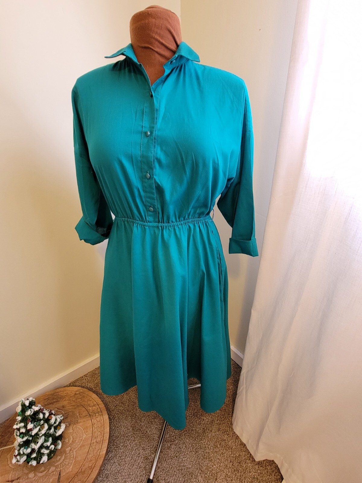 80s VTG USA American Shirt Dress Teal 8 Shoulder Pads