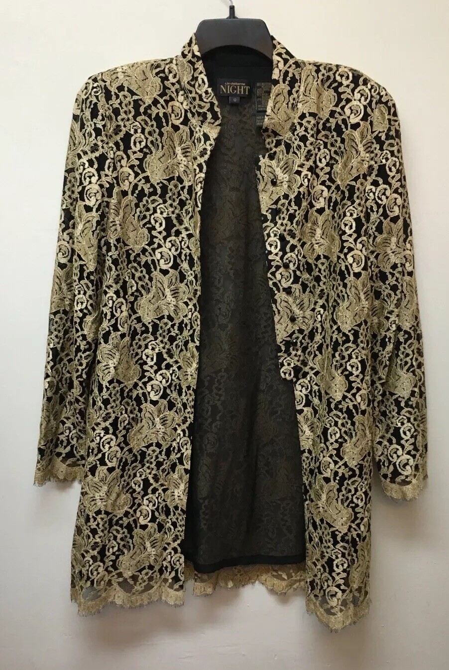 Vtg Liz Claiborne Night Evening Dressy Party 12 Jacket Black Gold Lace Overlay
