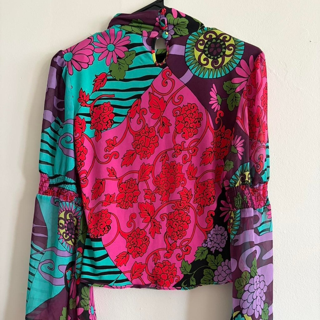Bisou Bisou Michele Bohbot Mock Neck Blouse Bold Psychedelic Floral Print Medium