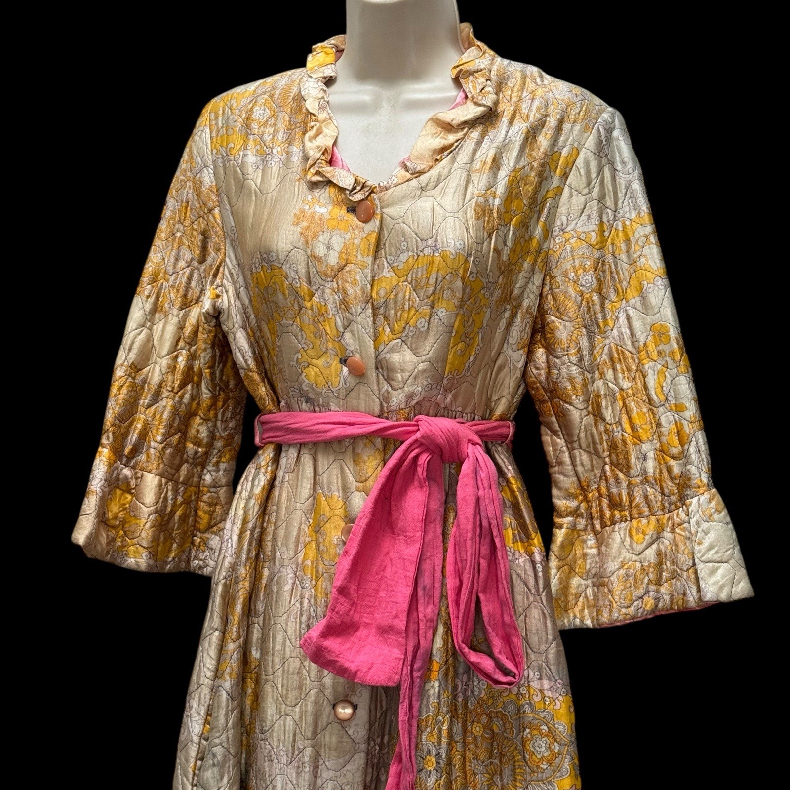 Vintage 1960s Quilted Hostess Gown Pink Sash Lounge Robe Psychedelic Print