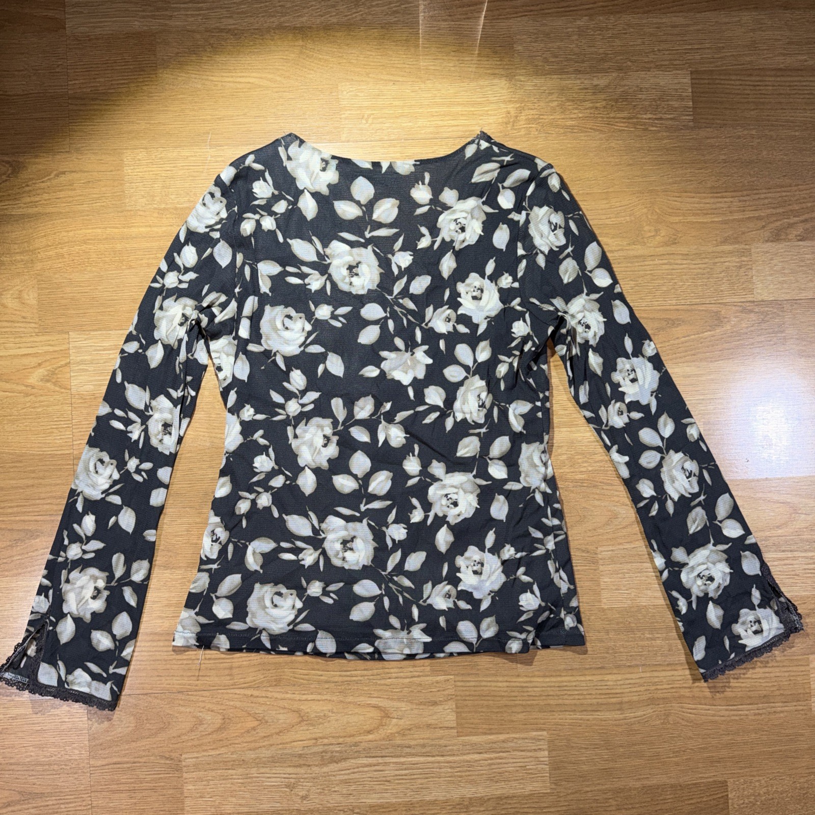 Vintage 90s Y2K Top Floral Mesh Long Sleeve Romantic Grunge Witchy Whimsigoth M
