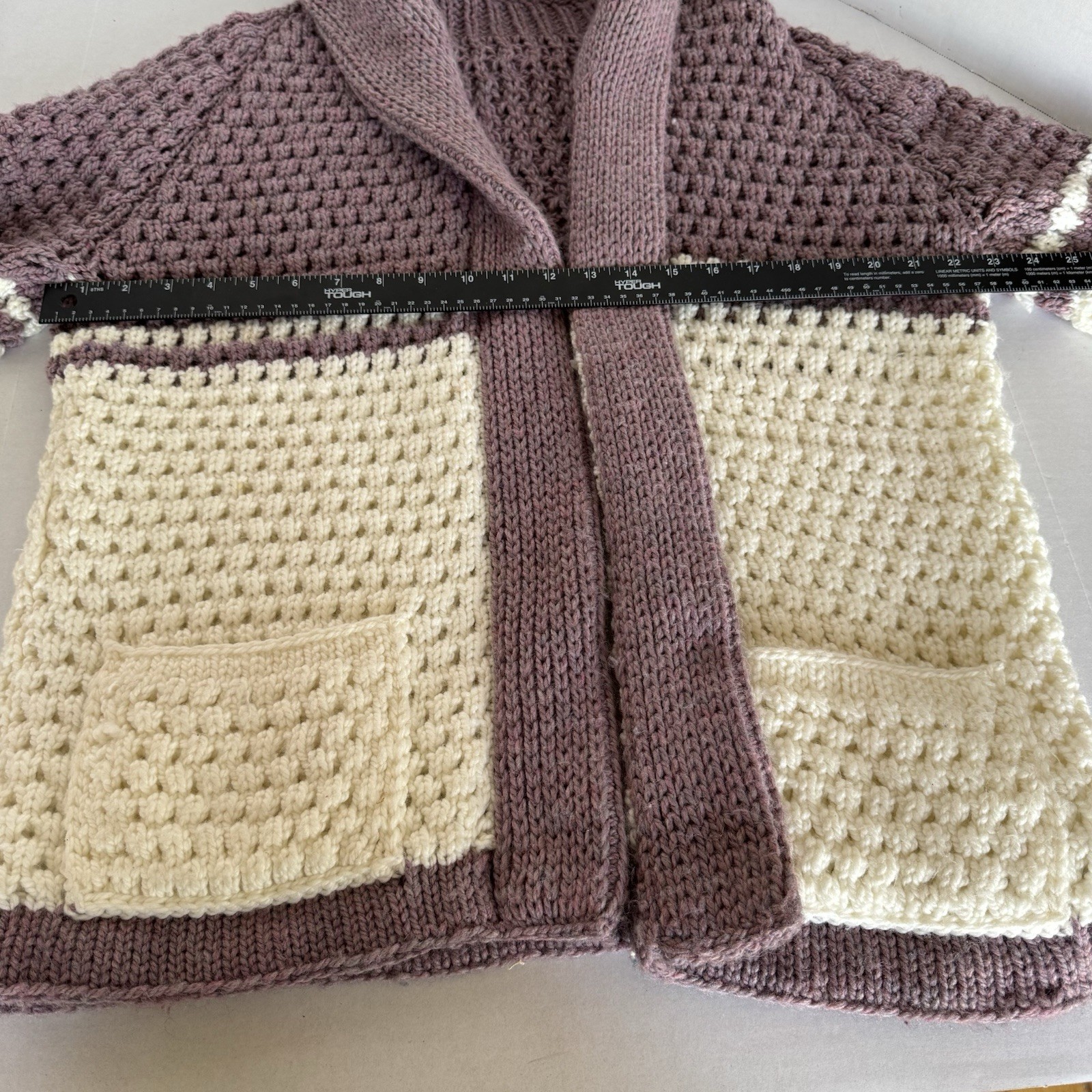 VTG Cardigan Chunky Sweater Women’s Large White Purple Front Pockets Handmade