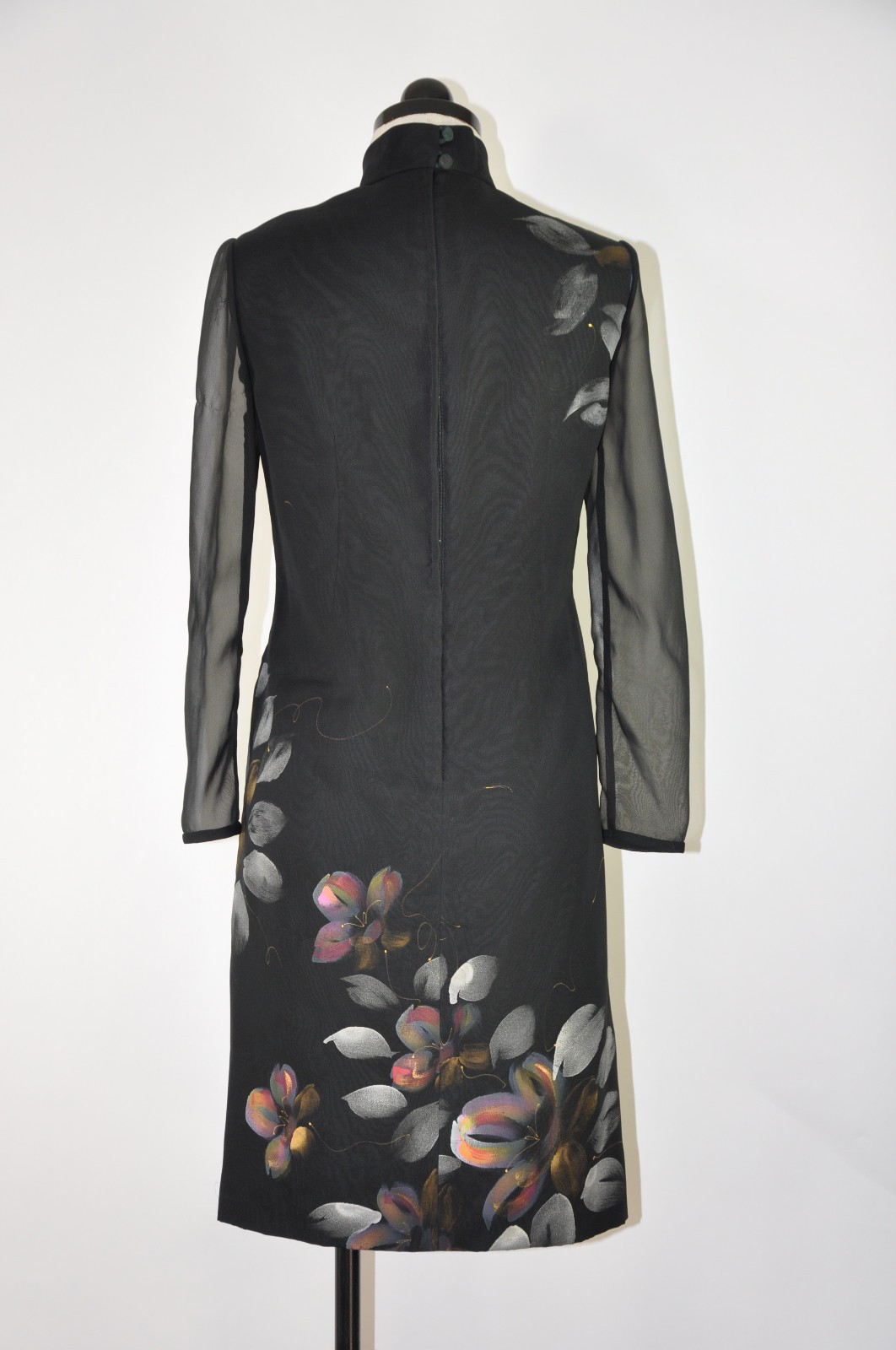 60s Vintage Black Hand Painted Floral Sheer Chiffon Sleeve Shift Dress Women S