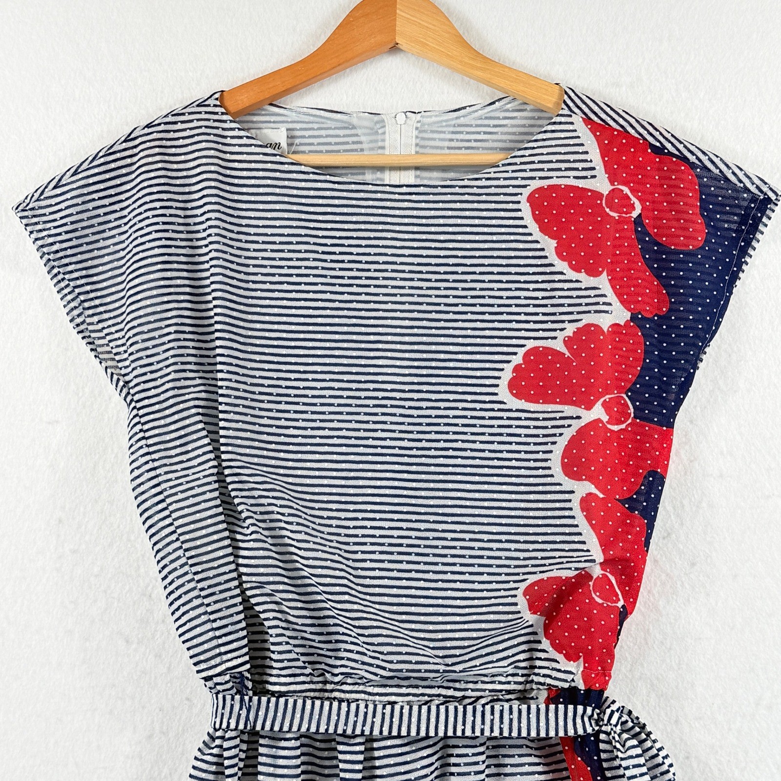 J.J. Dean Dress Womens 10 Blue White Striped Red Floral Retro Rockabilly Pinup