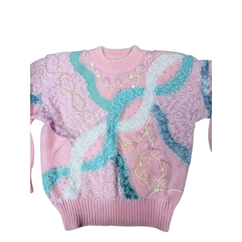 VTG Jaclyn Smith Size S Pastel Fairy Kei Sweater Pearl Rosette Cottagecore