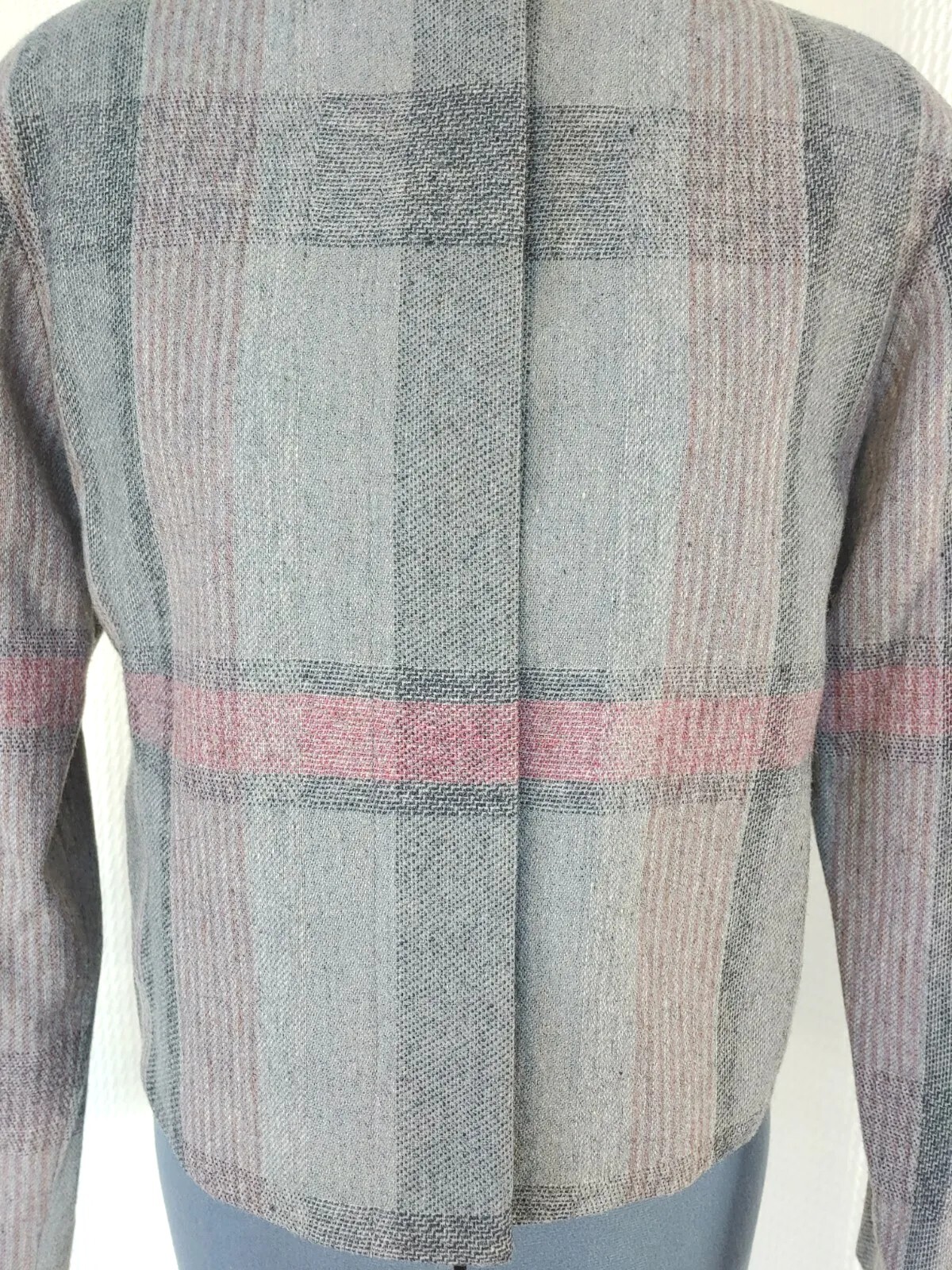 Vintage John Meyer Grey & Pink Plaid Collarless Wool Jacket Size 8
