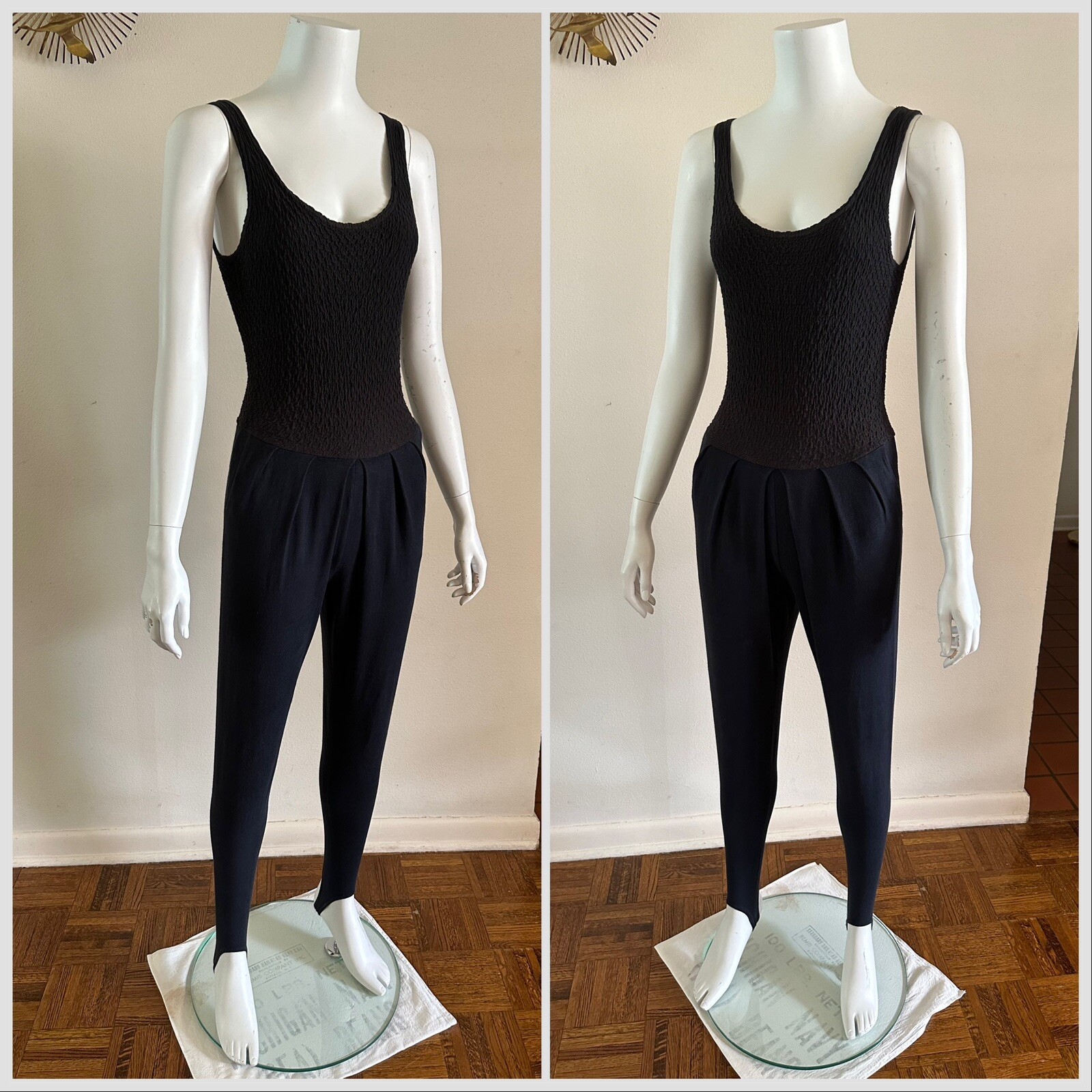 1990s Bettina Riedel NY Stirrup Pant Jumpsuit Romper Pleated Black Catsuit S VTG
