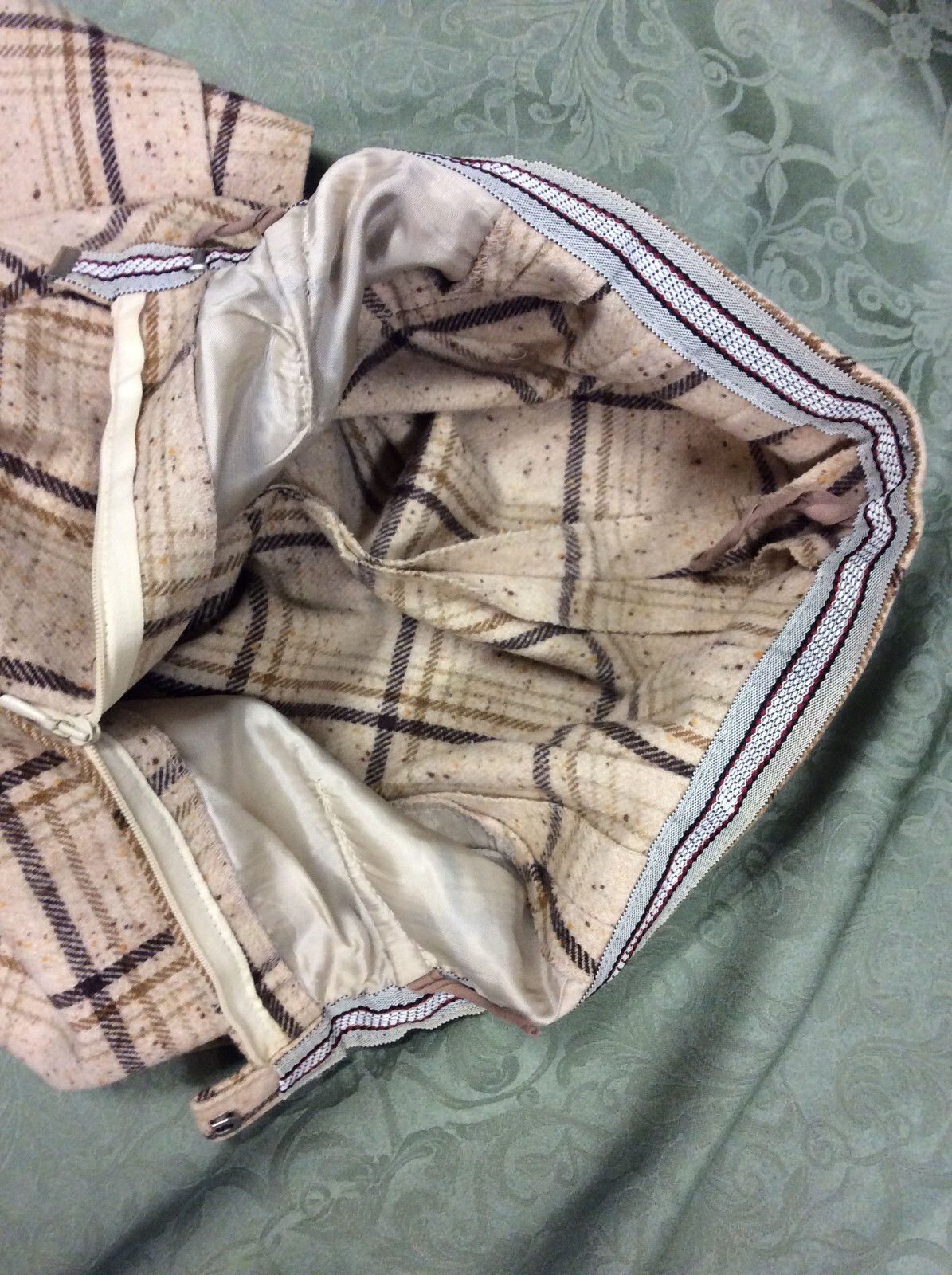 wool Suit XS 34 top 22X28.5 pant tan Brown 2 Piece Pant Suit Vintage 70’s plaid