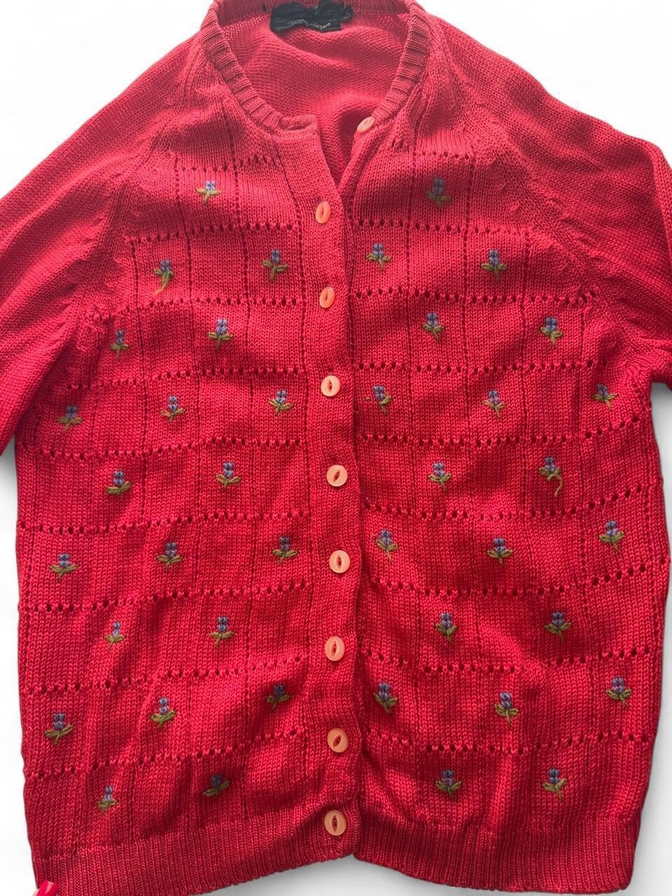 90s Vintage Embroidered Virgin Wool Floral Cardigan Red Large Cottage Grandma