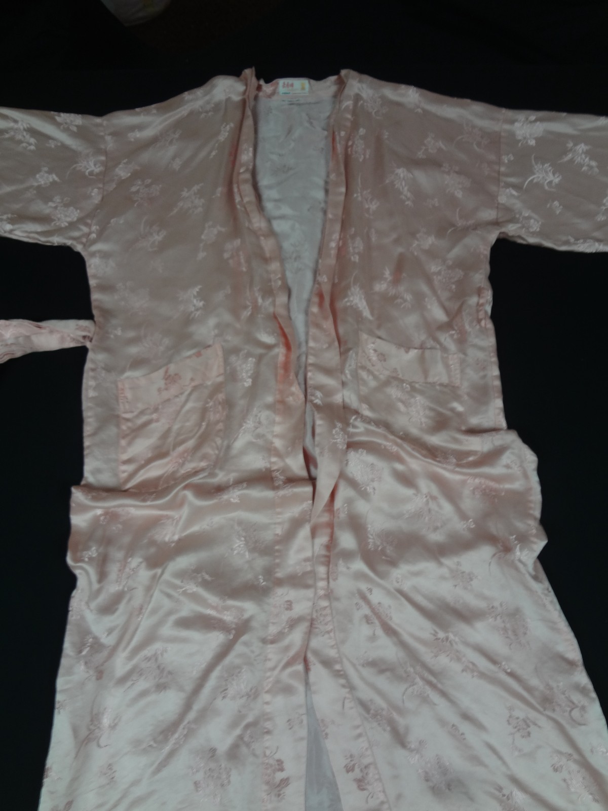 VINTAGE 70s 80s Light Baby Pink SILK Floral Oriental Asian Robe w/Belt W XL L441