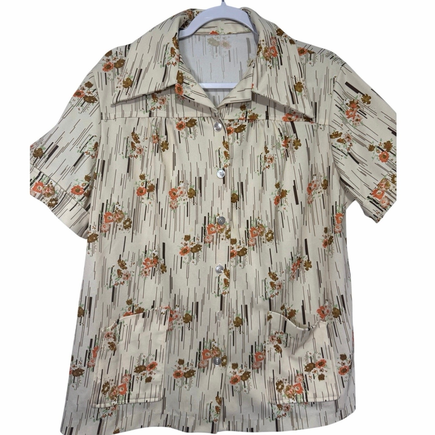 Vintage 70s Womens Blouse Cream Floral Mod Collar Cottagecore Medium Grannycore