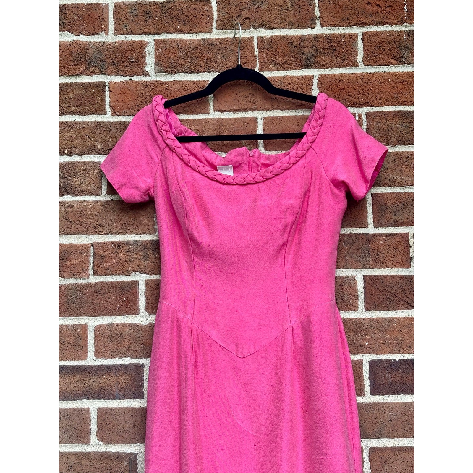 Vintage 1990s Watters Hot Pink Evening Gown Braided Neckline Midi Dress AS IS