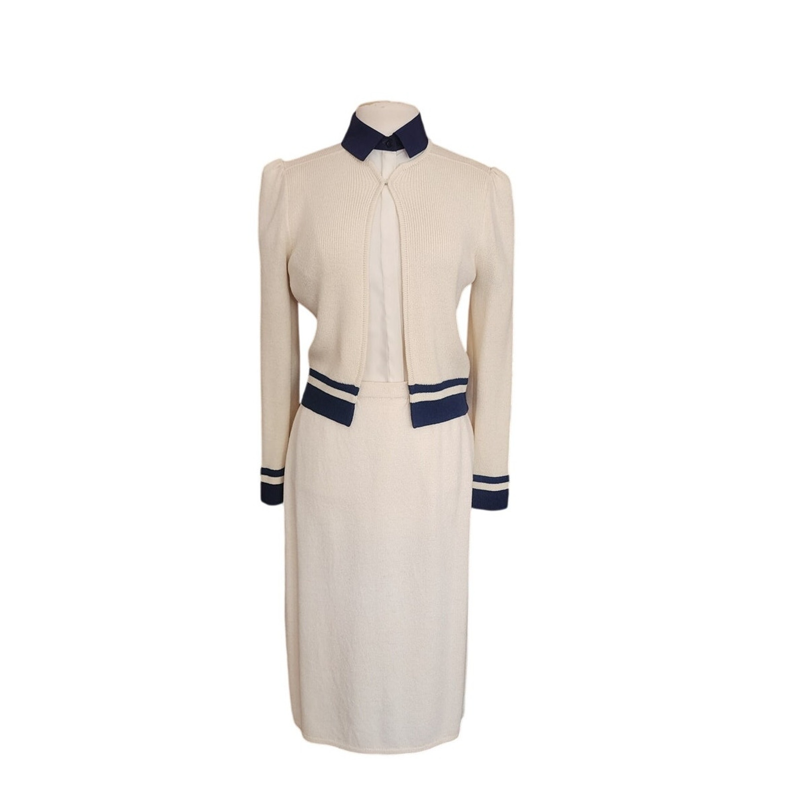 Vintage 70s St John Knit Skirt Suit + Blouse Three Piece Set Cream Navy Blue