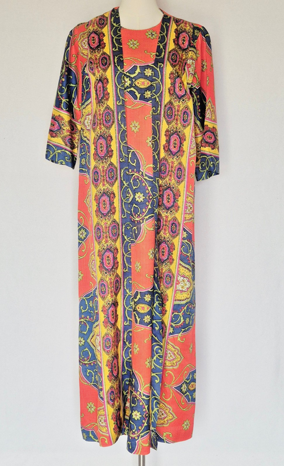 Vintage Lounge Craft Neon Psychedelic Maxi Hostess Kaftan Robe Dress Attached S