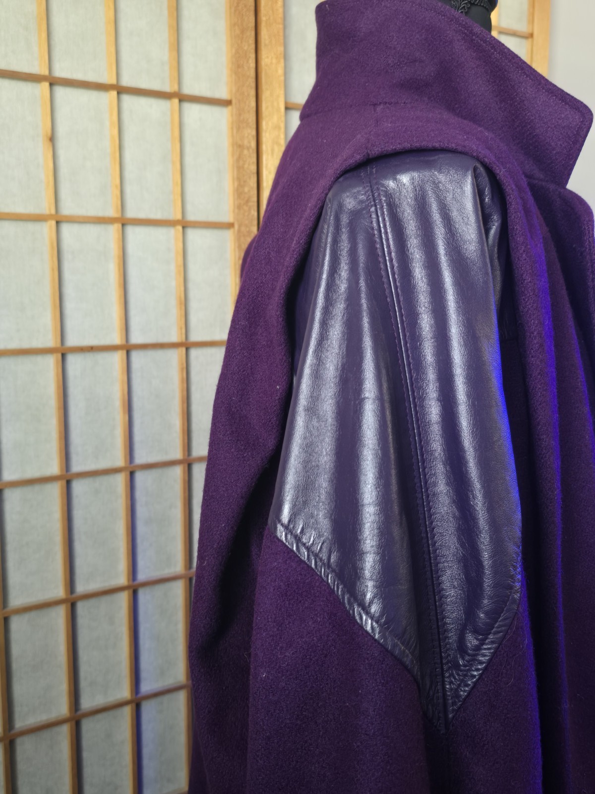 Vintage 1980’s Purple Wool And Leather Coat Women Medium Large