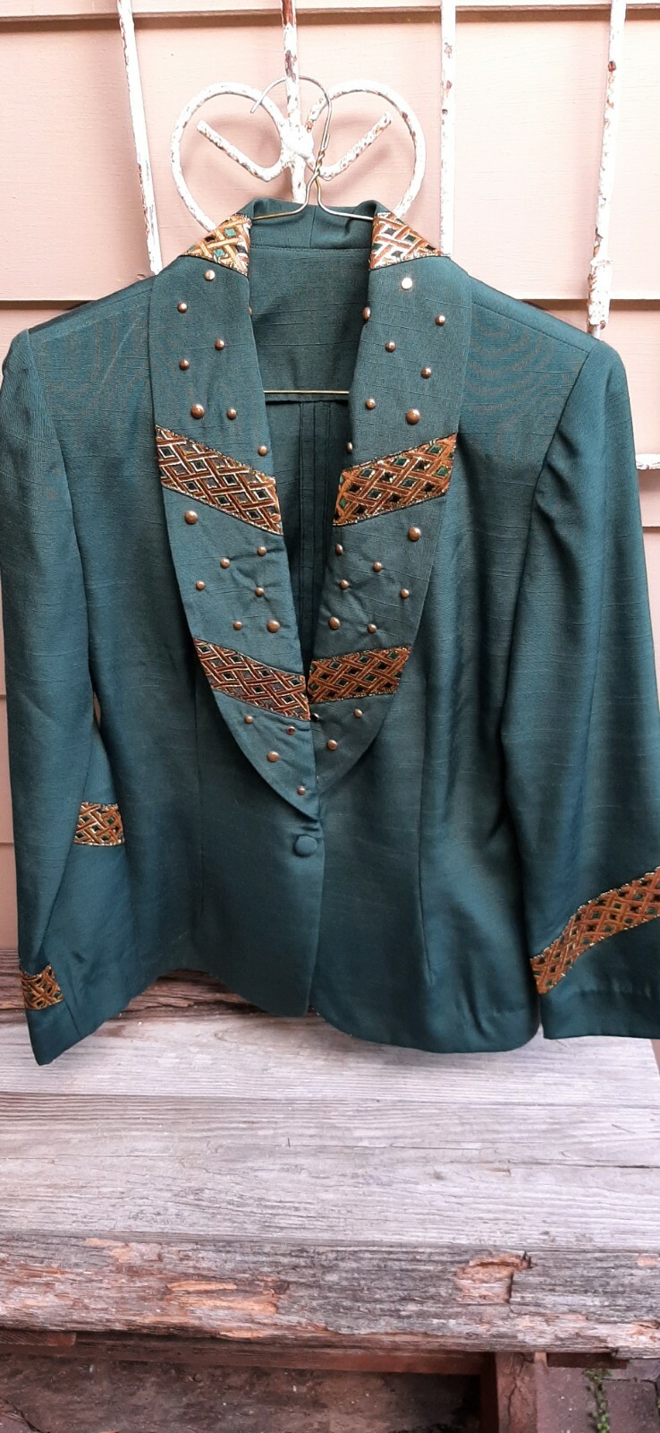 Vintage 80s Womans Jacket Dk Green w/ Geometrical Gold copper,green & Studs S/M