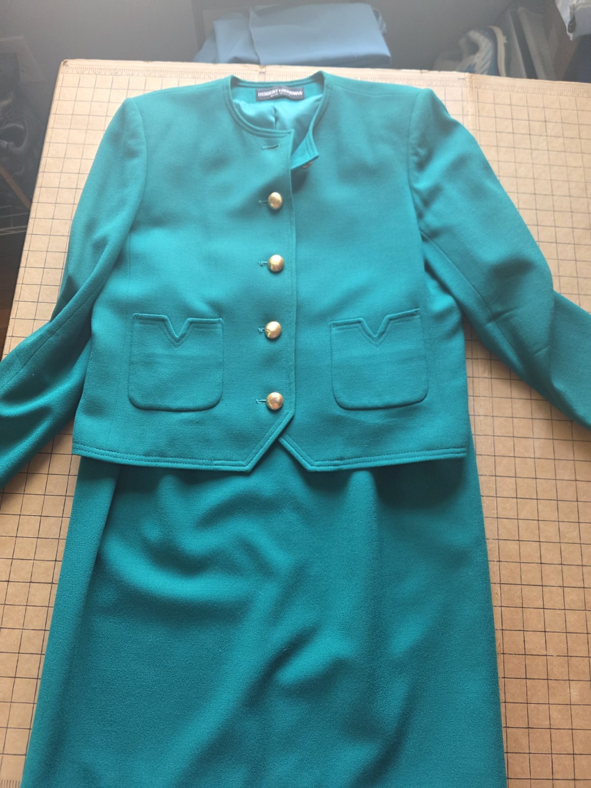 VTG Herbert Grossman Talbots Teal Green 100% Wool Skirt Suit Set Sz 14 Fits M/L