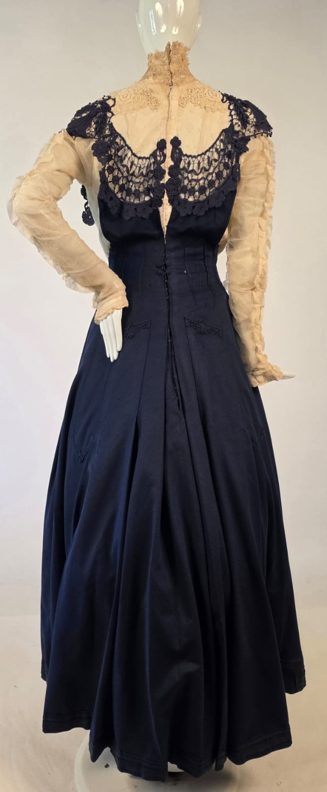 EDWARDIAN BLUE CASHMERE + LACE DRESS W RUCHED IVORY NET SLEEVES