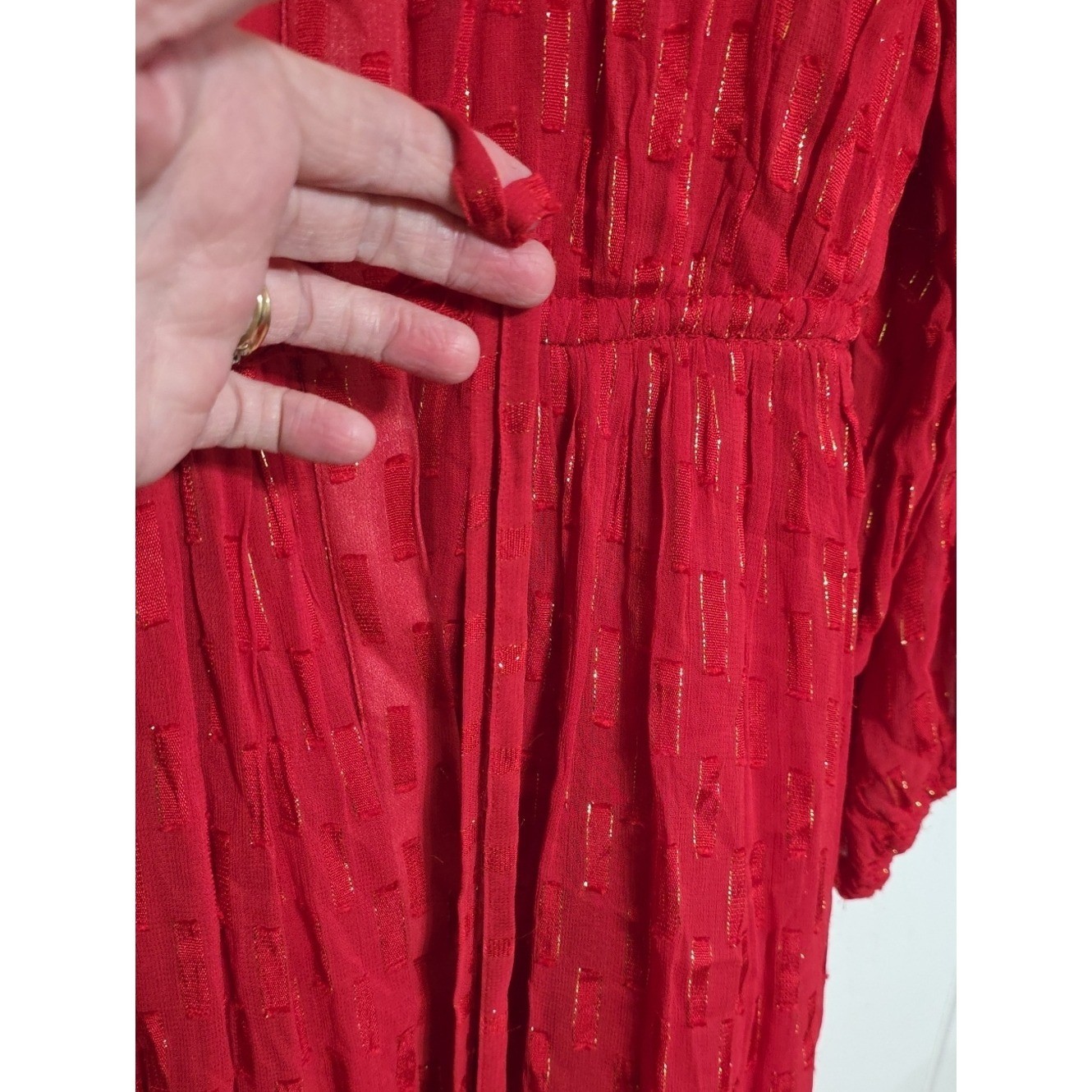 Anthropologie Long-Sleeve Dress Red W/Gold Threading Lined Flowy Gauzy Sz XS EUC