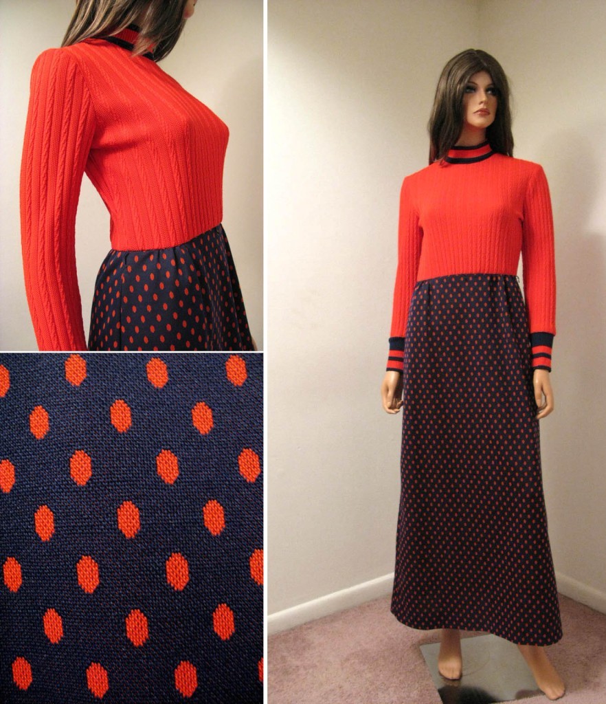 Vintage 70s Orange Blue Polka Dot Long Sweater Dress S School Girl Maxi Costume