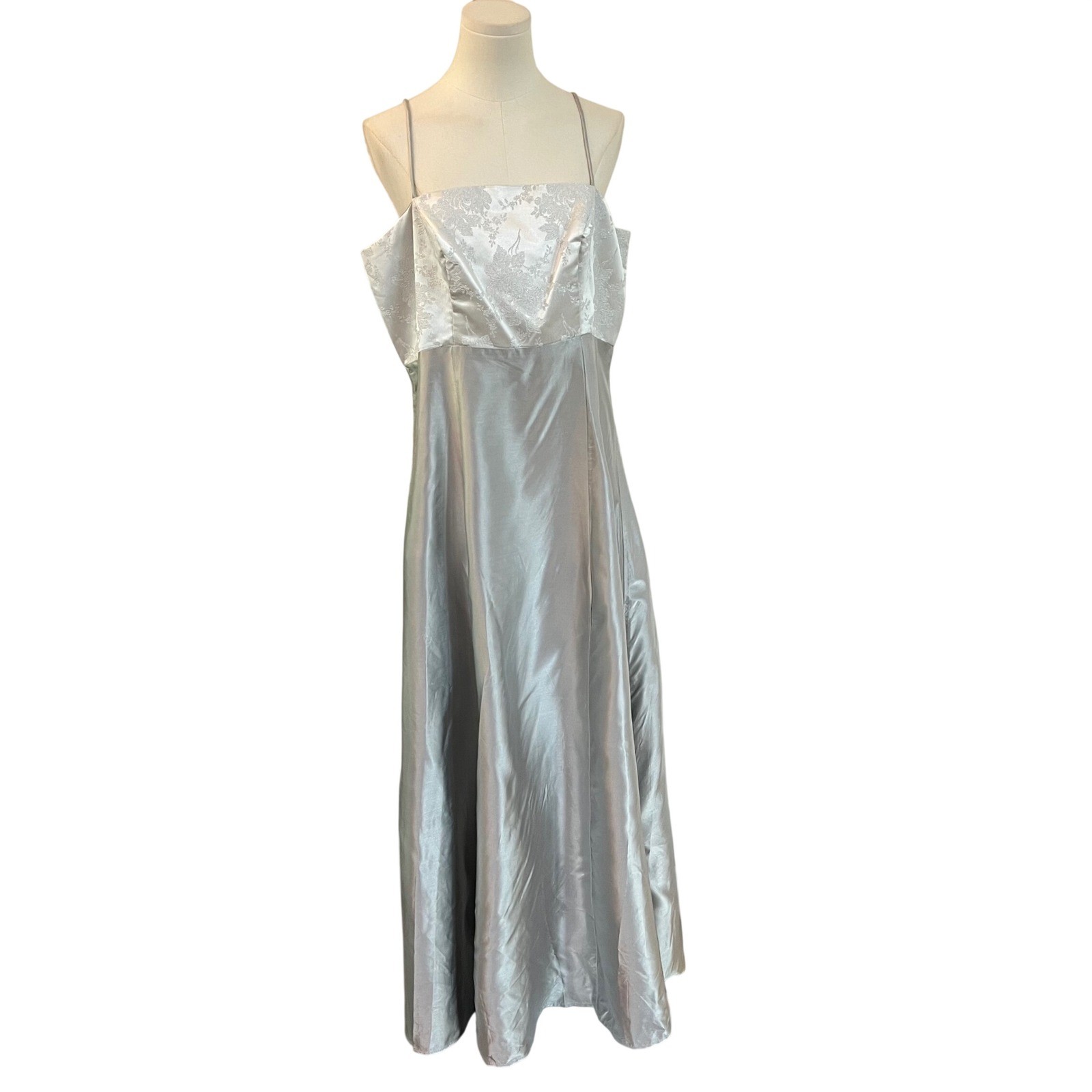 Do You Love Me Silver Acetate Brocade Maxi Slip Dress 90s Prom Gown Vintage 18