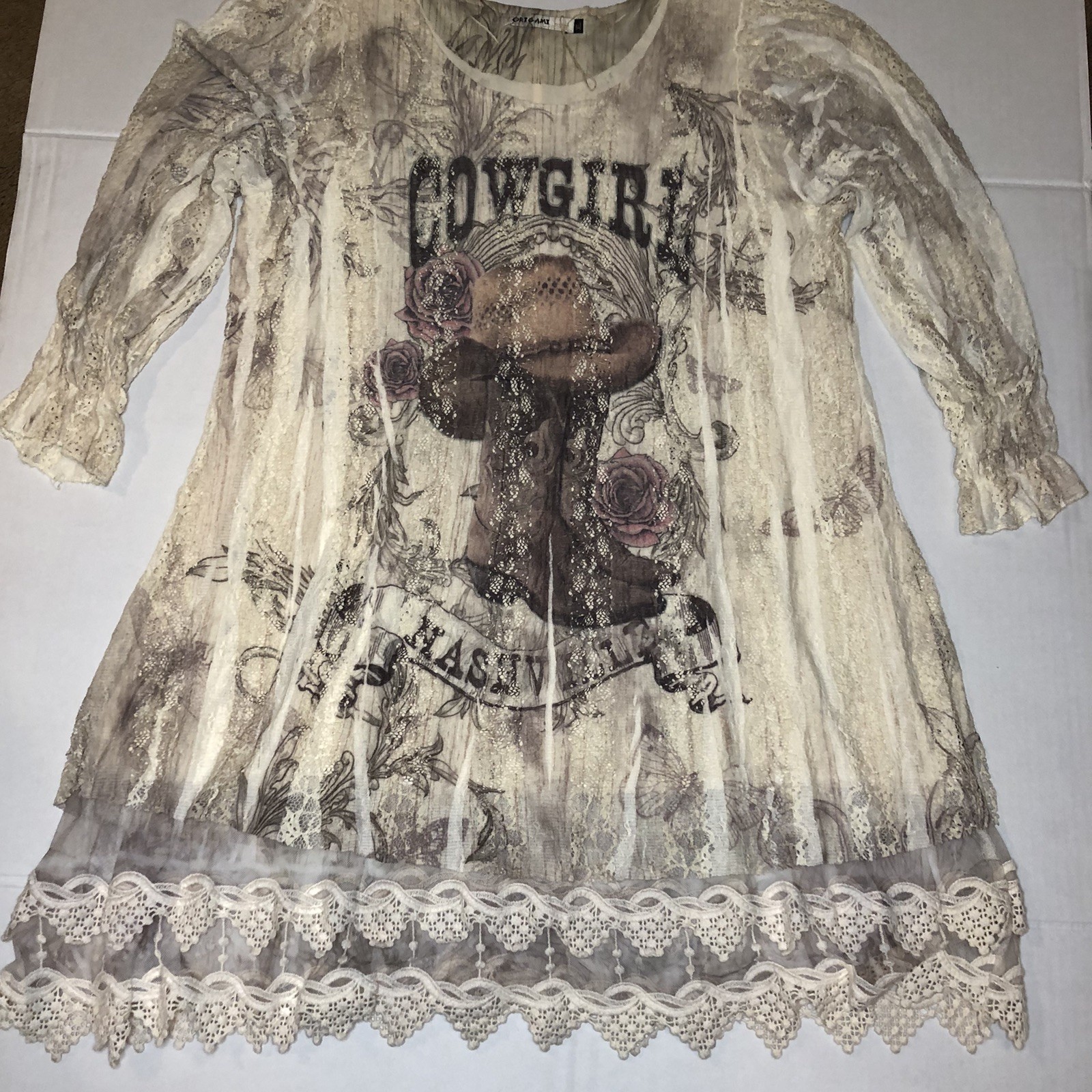 Origami by Vivien Broom Tail Cowgirl Dream Tunic Top Dress Lace Hem Size XL Boho
