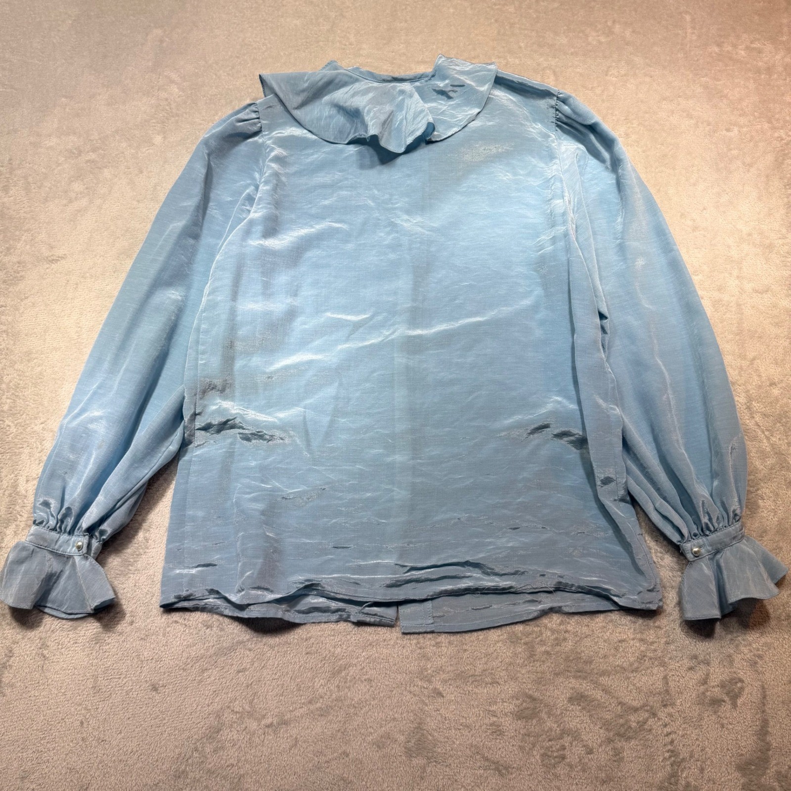 Vintage 80s New Expressions Blue Ruffle Blouse Pearl Button Shimmer Size M L