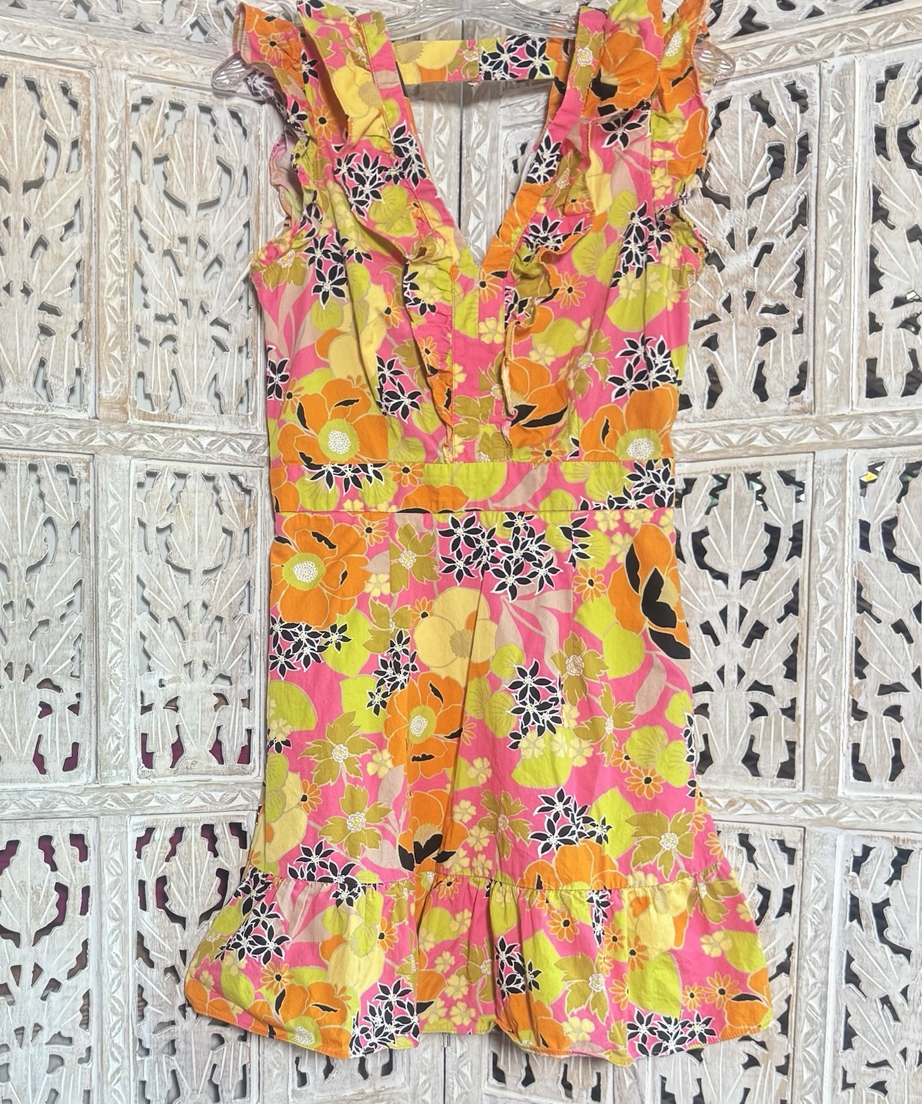 Vintage Neon Floral Cotton SZ M Dress Vneck Ruffles Surfer Girl Beach Boho Luau
