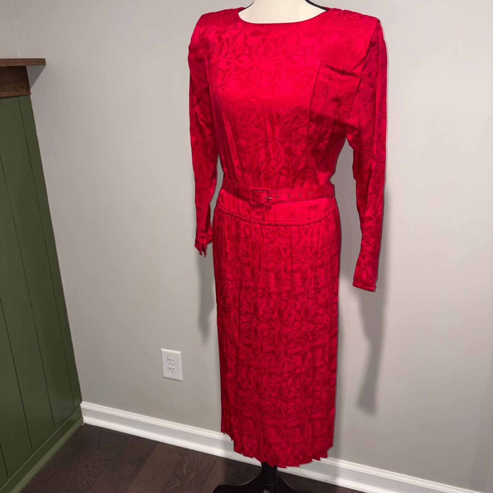 Vintage Silk Jacquard Midi Dress 80s Mob Wife Women 10P Red Argenti Petites