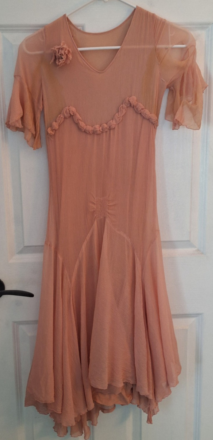 Antique 1930s Peach Chiffon Dress Rosette Trim Flutter Sleeve AS IS Art Deco