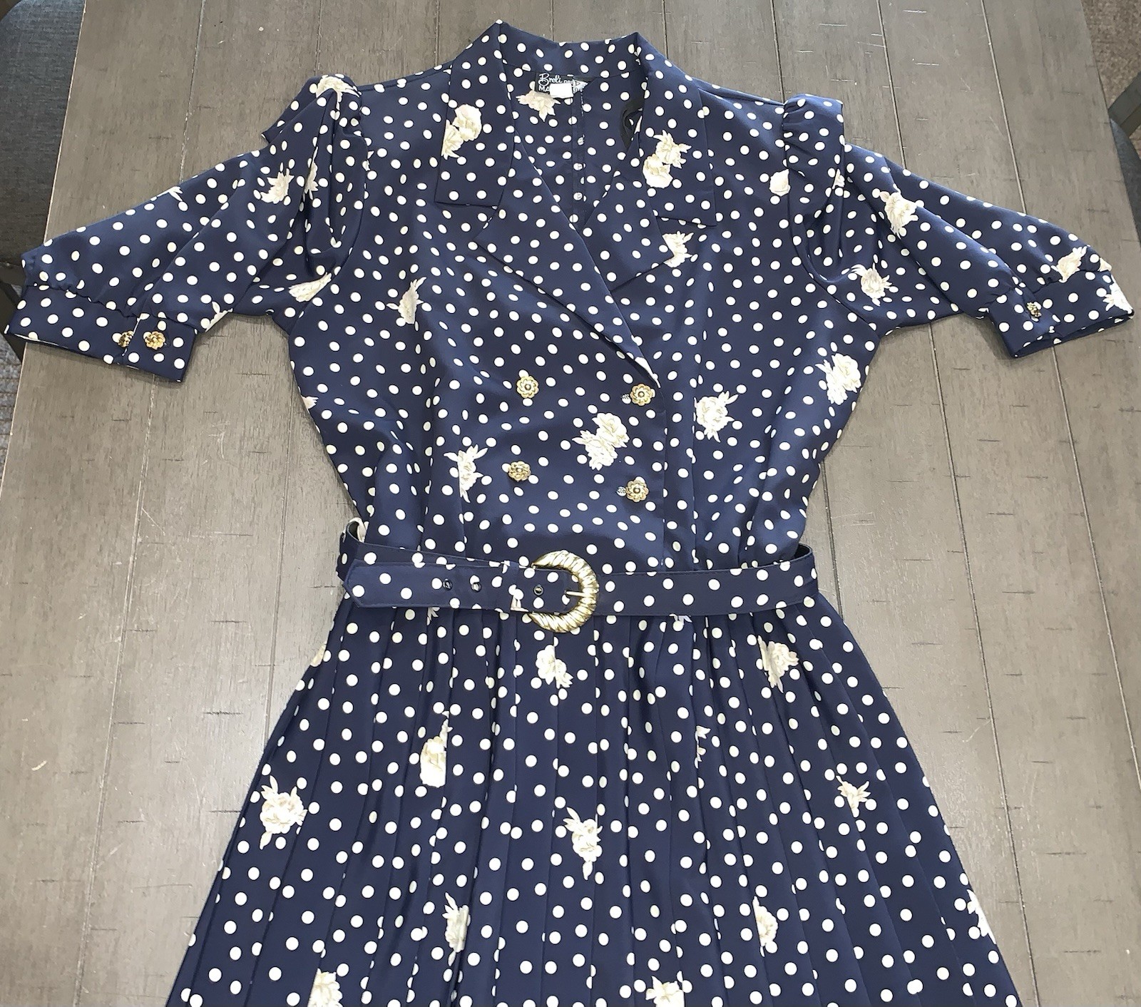B7 80s SZ 12 BRELI ORIGINALS SILKY BELTED DRESS NAVY FLORAL PAD SHOULDER PLEATED