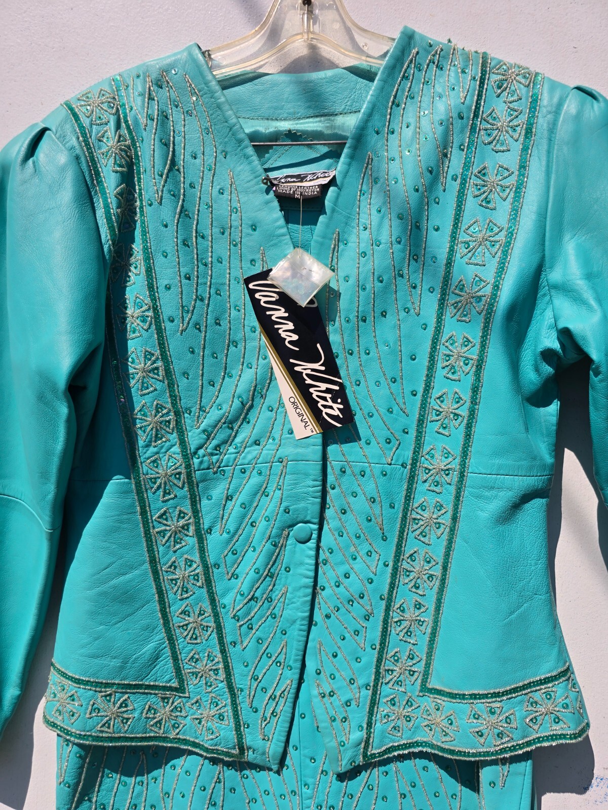 Vanna White Original Beaded Turquoise Leather 1980’s vintage Suit New W/Tags