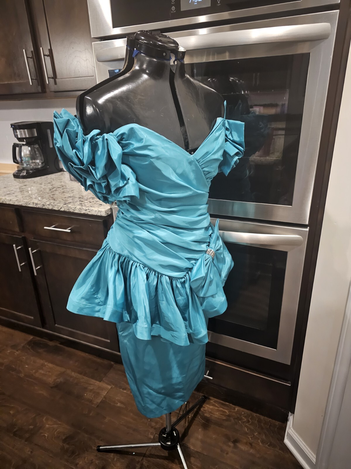 Vintage Karen Lucas For Niki Blue Turquoise Beaded Puffy Shoulder Dress 8