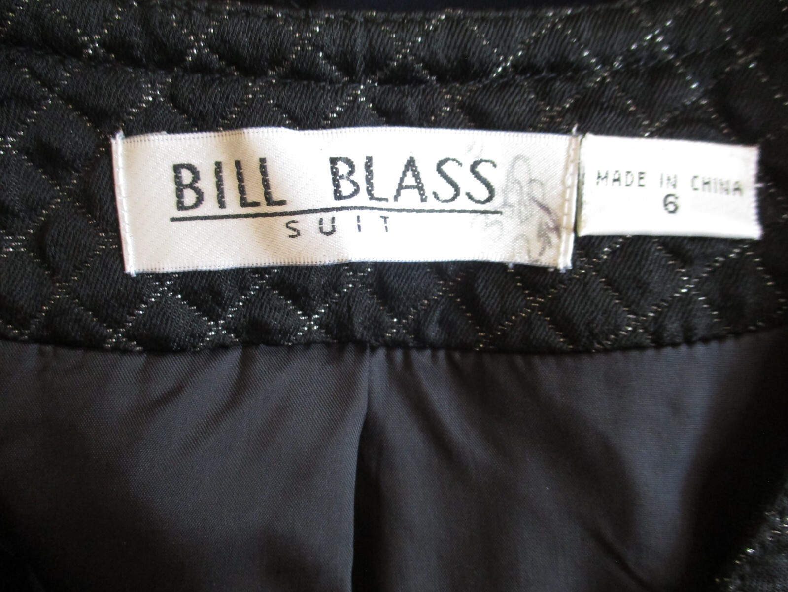 Vtg Bill Blass Skirt Suit Small Women Black Quilted Silver Thread Boxy Jacket
