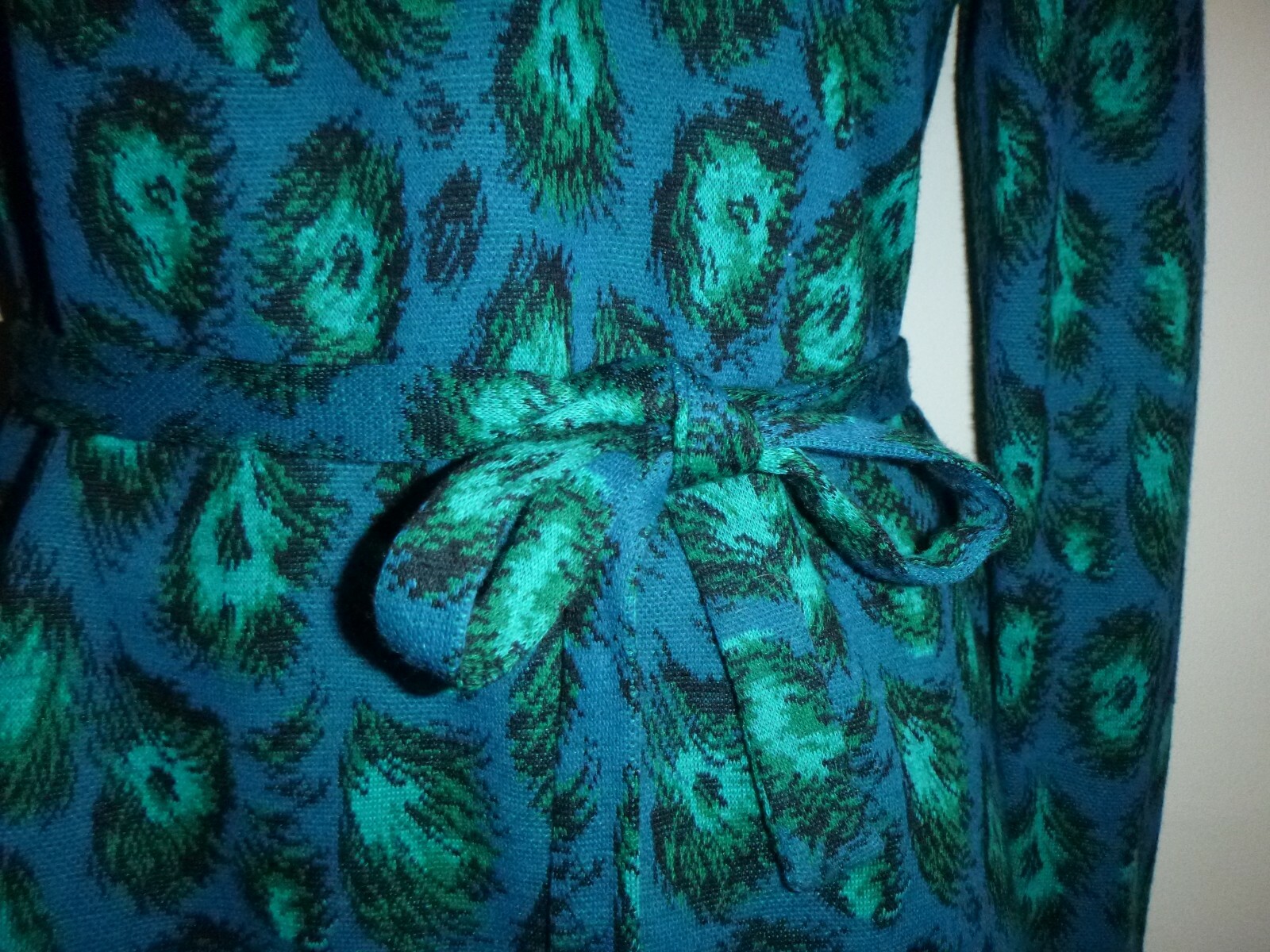 Vtg 60s Anjac Fashions Top Skirt & Scarf Knit Outfit Set Peacock Feathers Sz 12