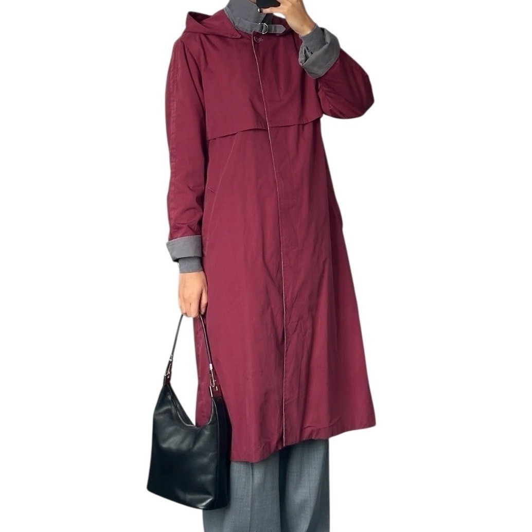 London Fog Vintage Burgundy Hooded Trench Coat Longline Rain Jacket Women 10 Reg