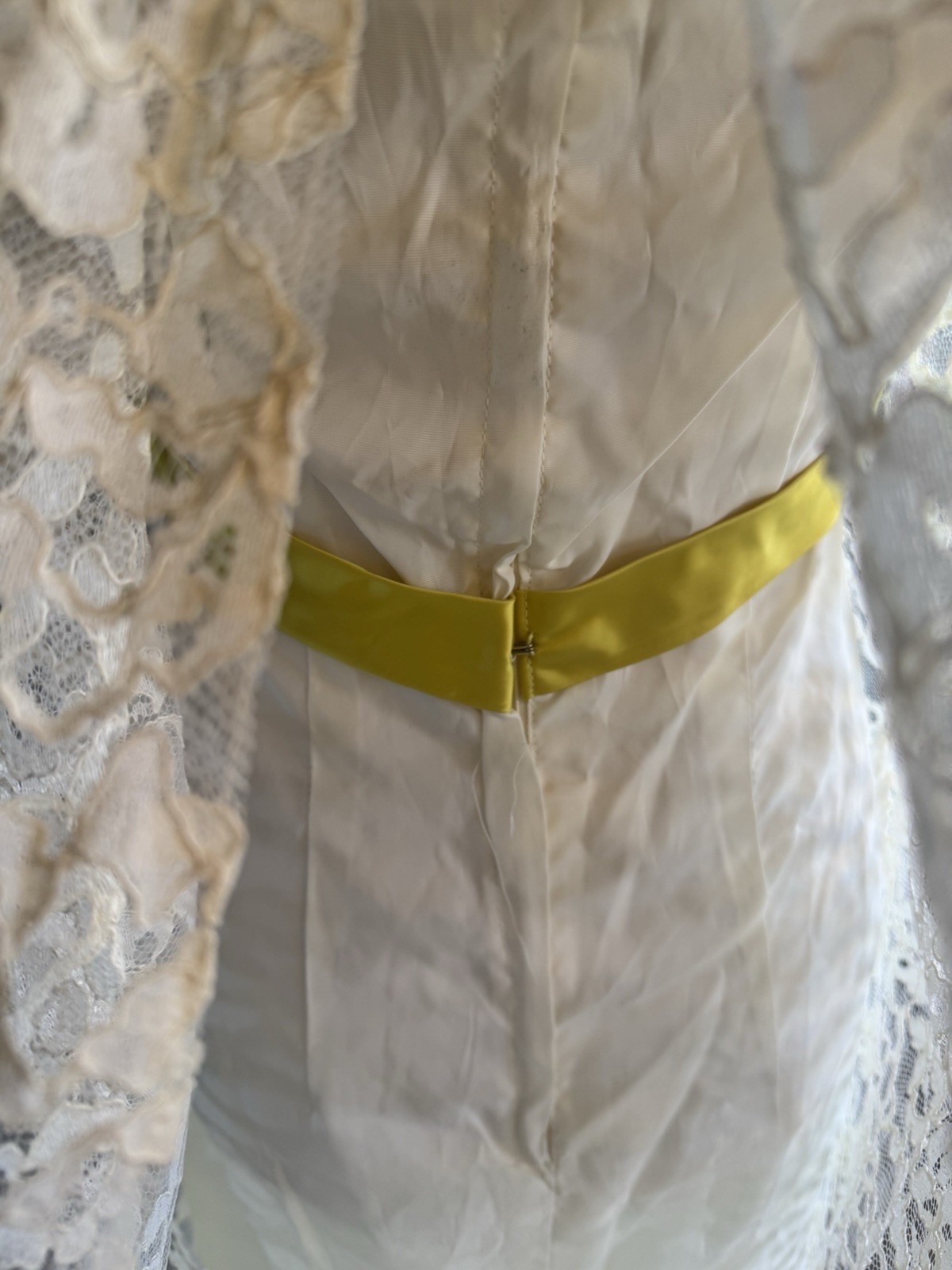 Victorian Ivory Lace Slip Dress 1960s Floral Long 53” SZ 9 Chartreuse Ribbon