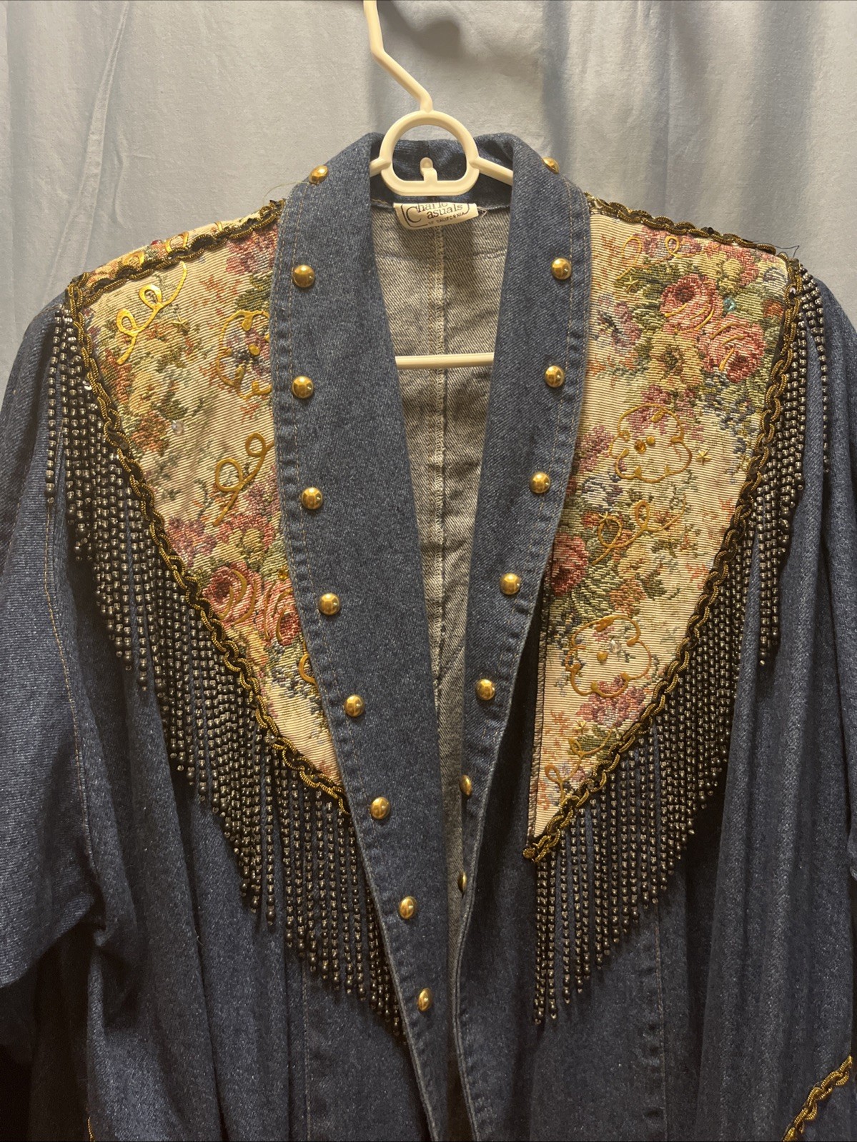 RARE Vintage 80s Charle Casuals Beaded Tapestry Gold Denim DUSTER BOHO See Pix