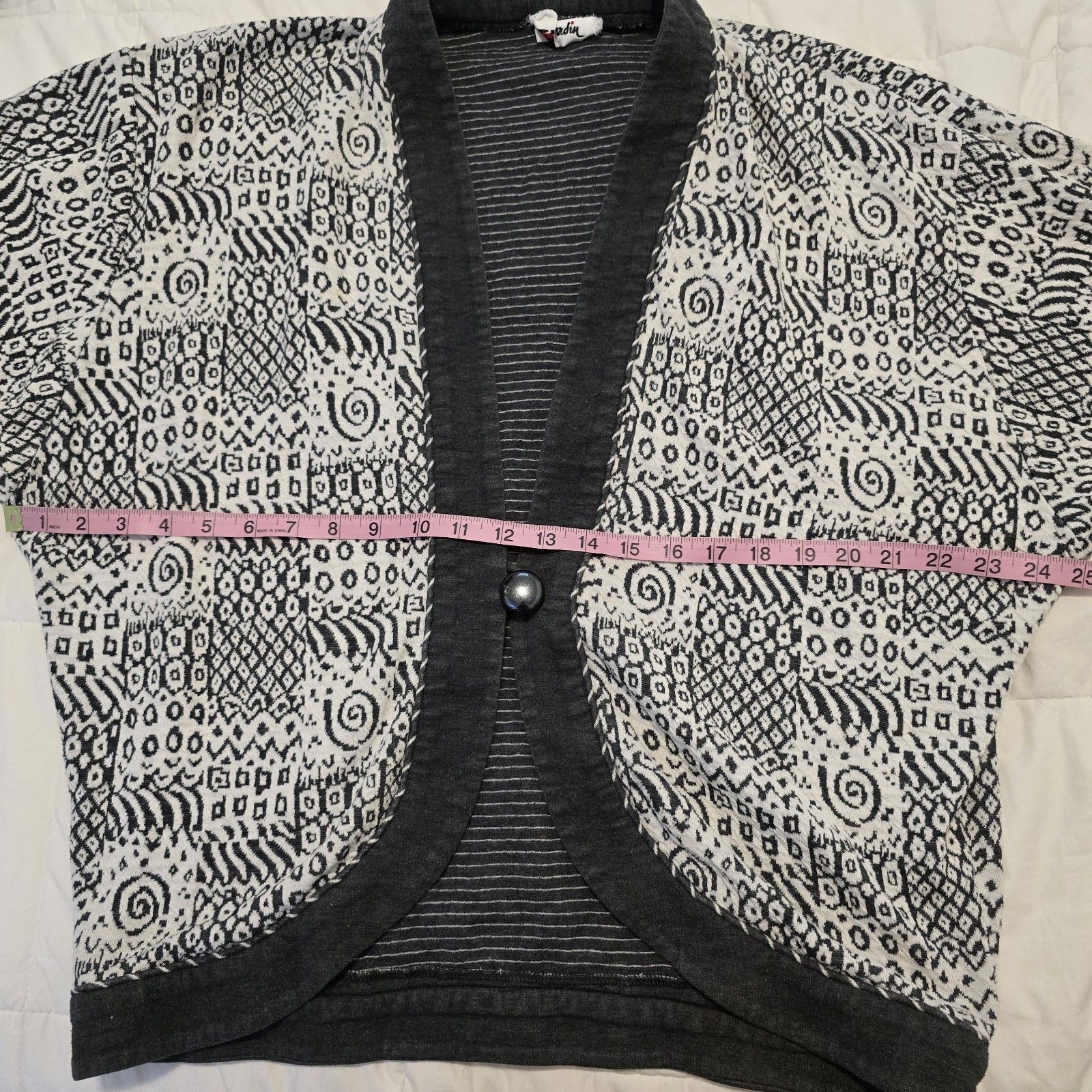 VTG Jo Hardin B&W Single Button Cardigan Sz M USA Monochromatic Geometric