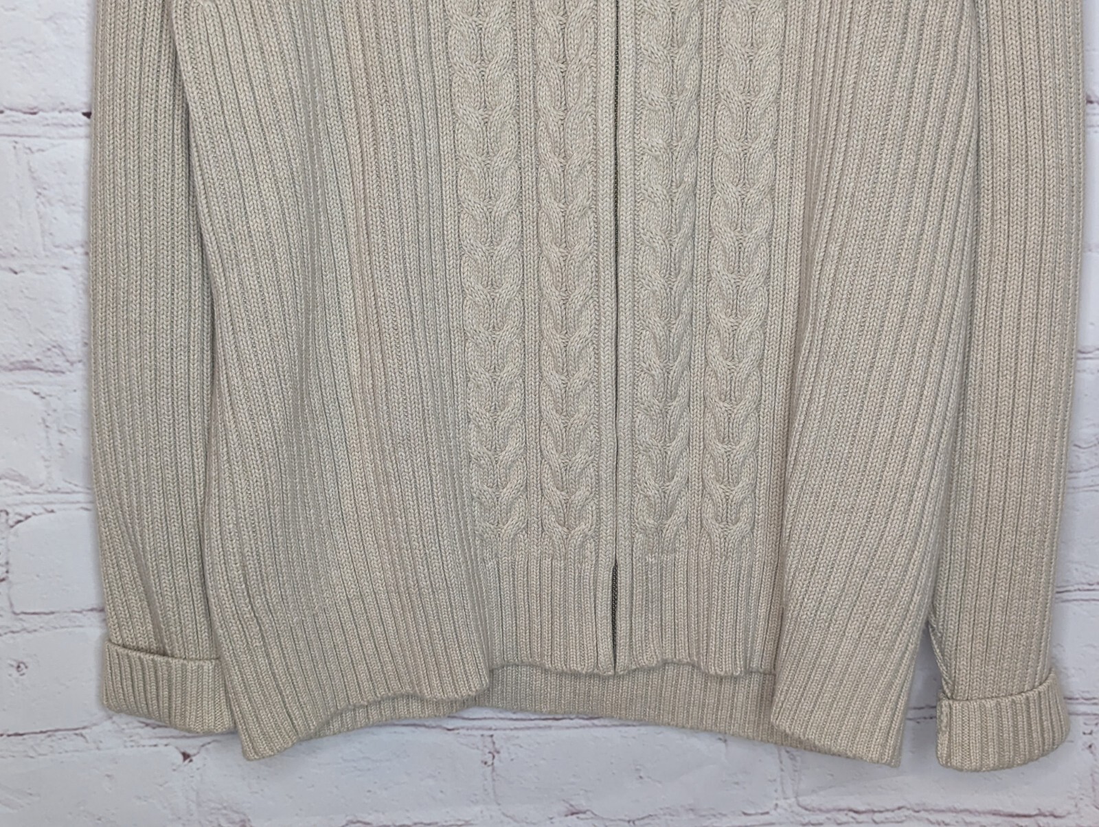 90s Lands End Cable Knit Full Zip Sweater Women’s 100% Cotton Large 14-16 Beige